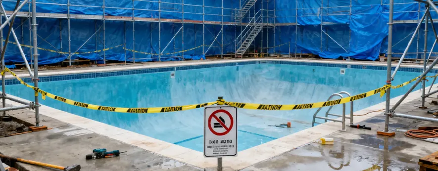 Tarpaulin protection at swimming pool construction site
